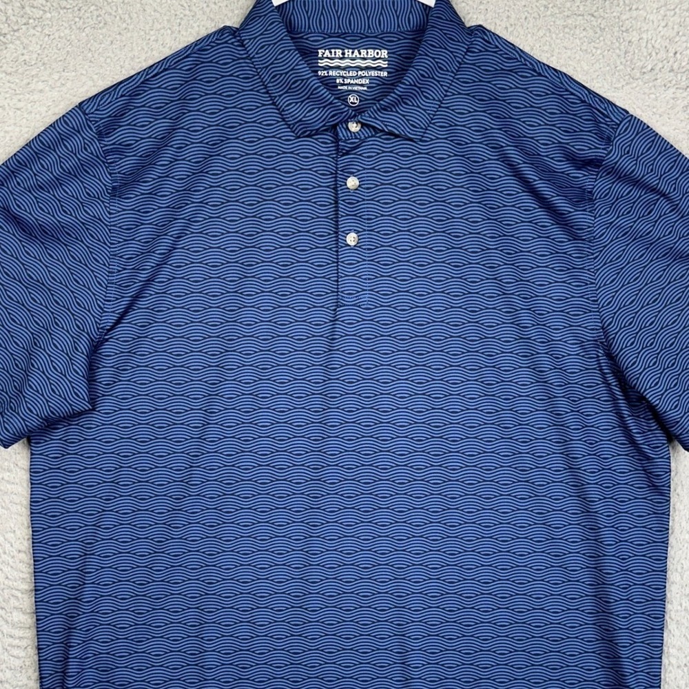 Fair Harbor Polo Shirt Mens XL Blue Golf Wave Print Performance Rugby Stretch